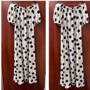 3X Karen T Design Maxi Dress Beige Navy Polka Dots Off The Shoulder Side Pockets